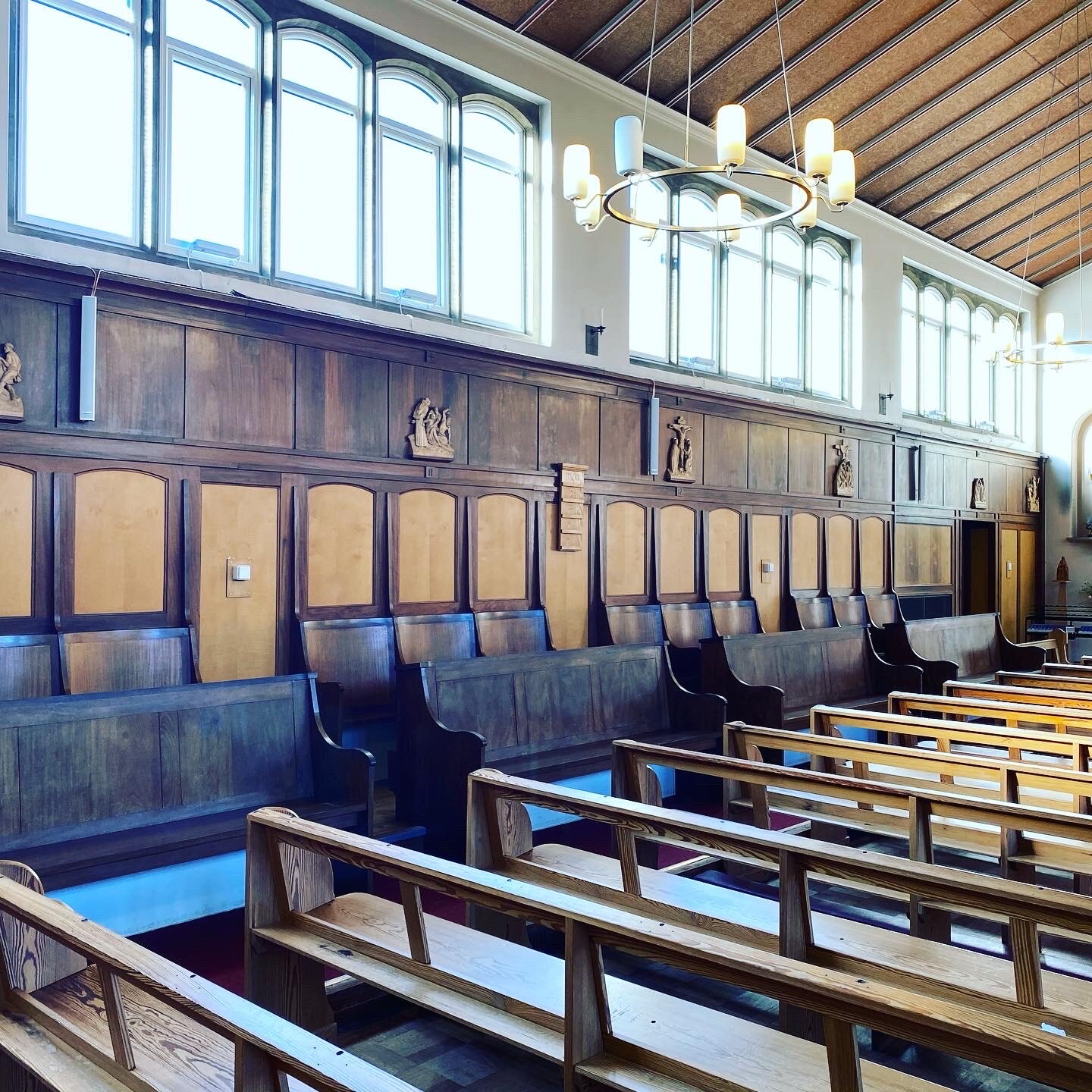 Interior of a modern church with new wood panelling