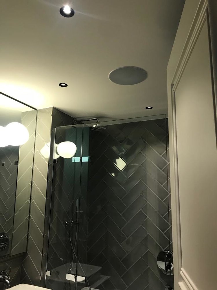 Bathroom with in-ceiling speaker above shower