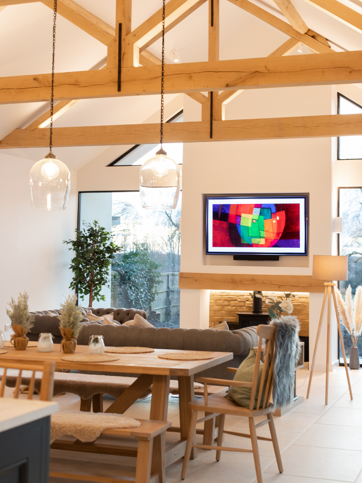 Suffolk home interior in the kitchen with Smart TV and layered lighting