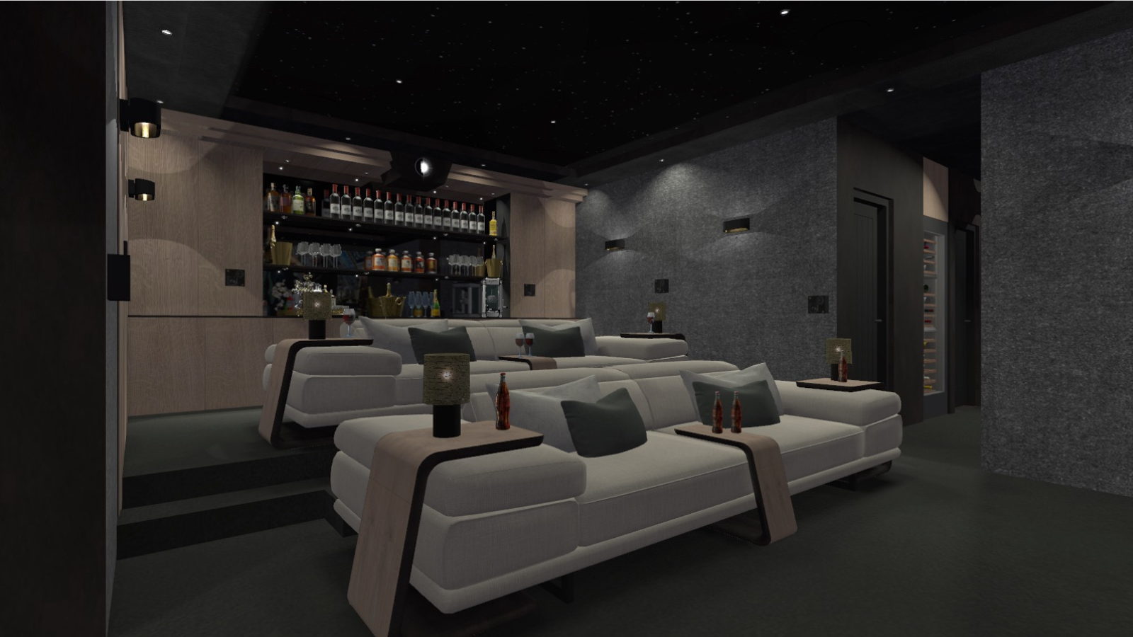 home cinema render showing cinema seating and bar