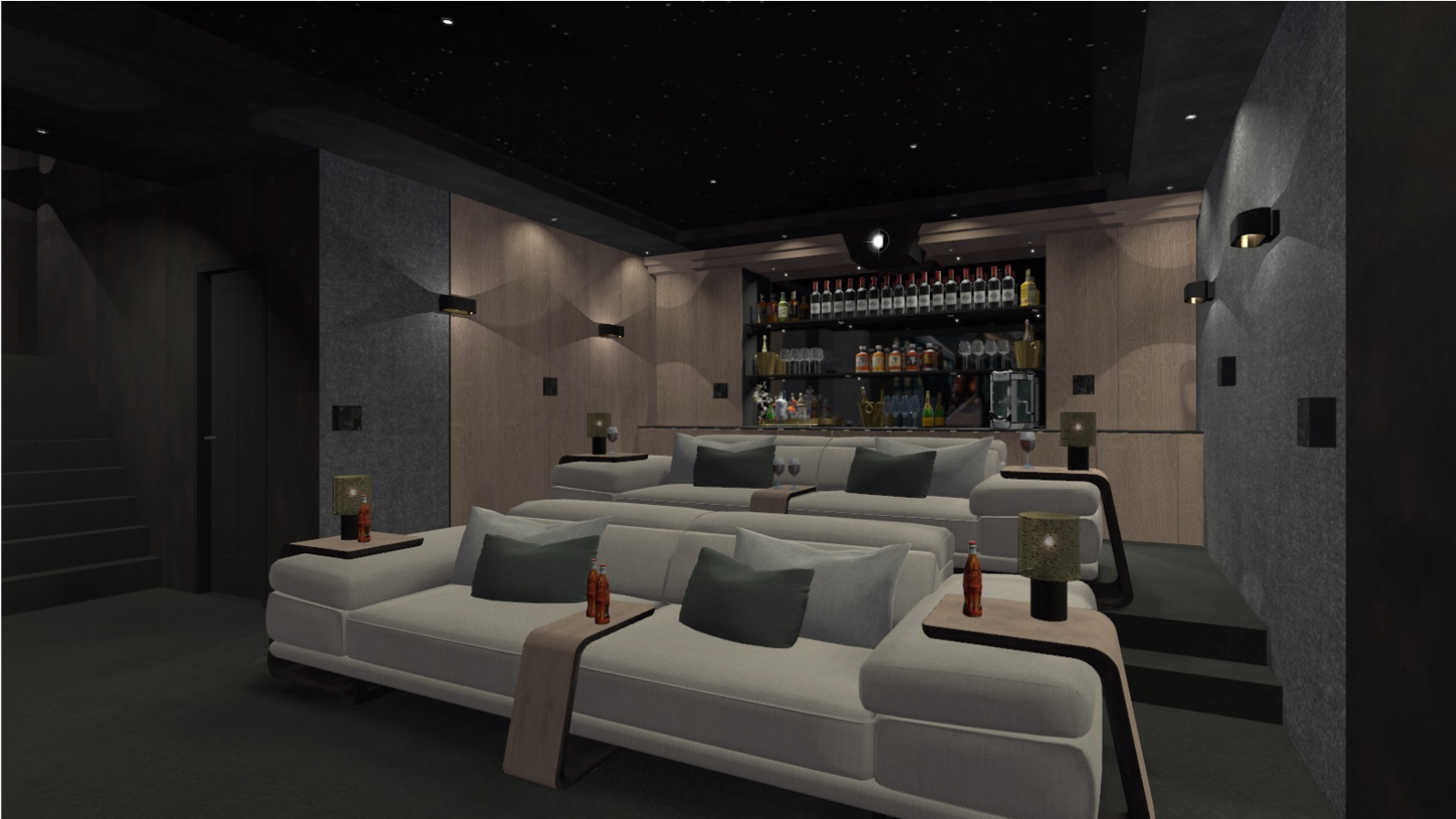 cinema render showing cinema seating and bar