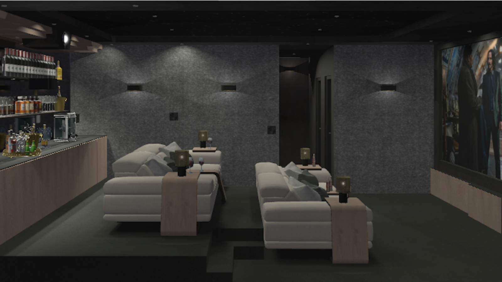 Home cinema render showing layered cinema seating side view
